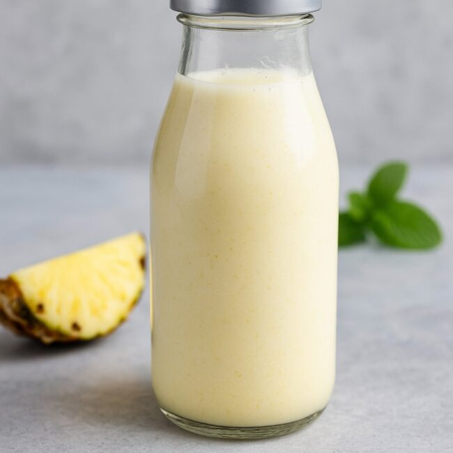 Proteinshake mit Ananas und Kokos in Glasflasche, vorbereitet für unterwegs