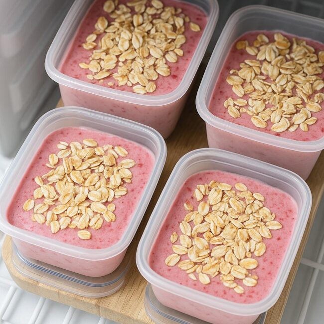 Meal-Prep-Boxen mit Erdbeer-Eis und Hafer-Topping im Tiefkühler