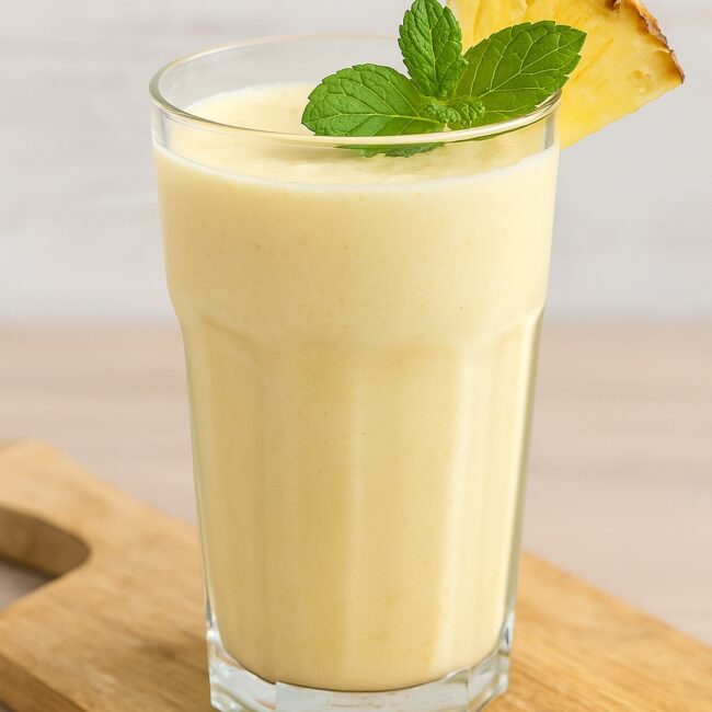 Ananas, Kokosdrink, Proteinpulver und Limette auf Holzbrett