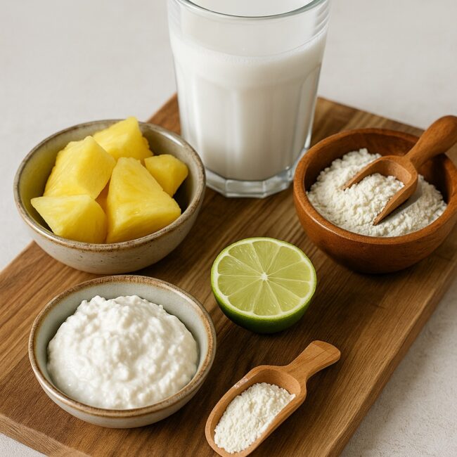 Ananas, Kokosdrink, Proteinpulver und Limette auf Holzbrett